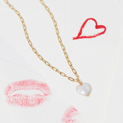 Pearl Heart Paperclip Necklace Gold